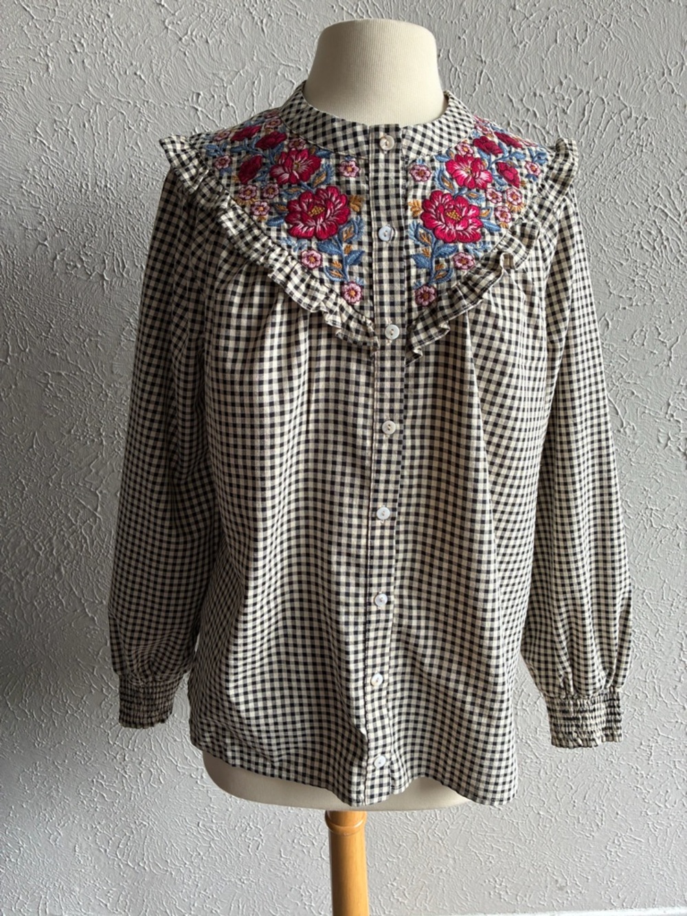 Savanna Jane Black and White Gingham Button-Down with Pink Floral Embroidery